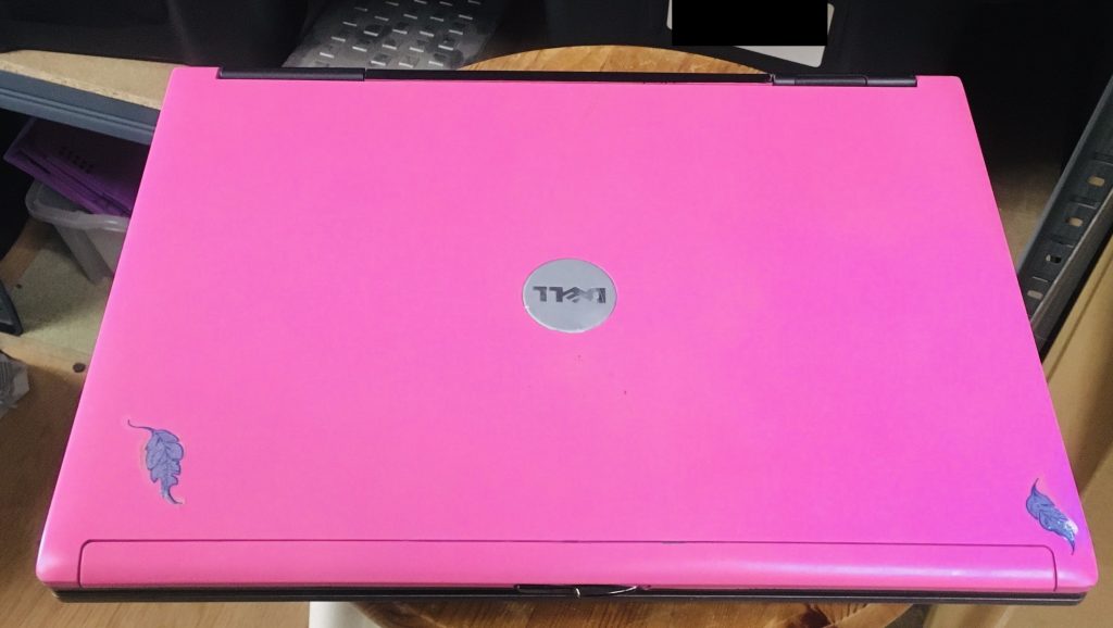 Very pink Dell laptop (closed) with blue sparkly feather stickers.